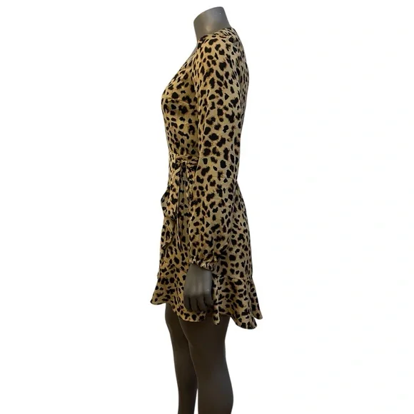 Express Dress Women’s S Leopard Print Mini Ruffled Wrap Long Sleeve Short Office - Picture 3 of 12